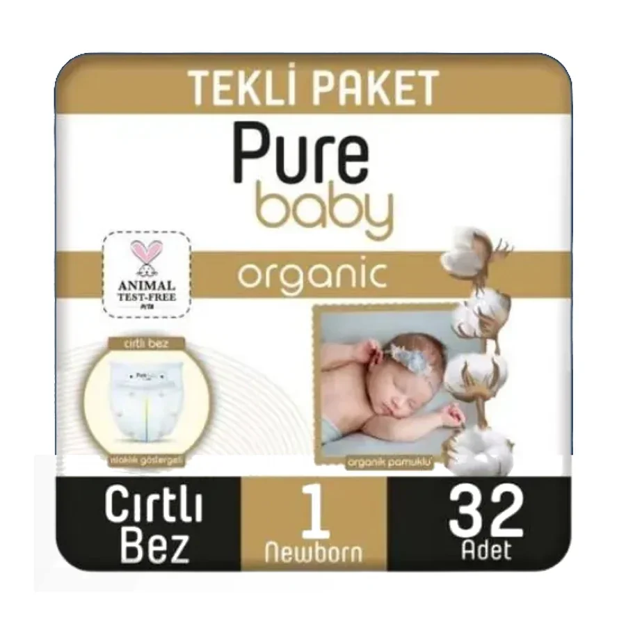 Pure Baby Organik Pamuklu Cırtlı Bez 1 Numara 32 Adet