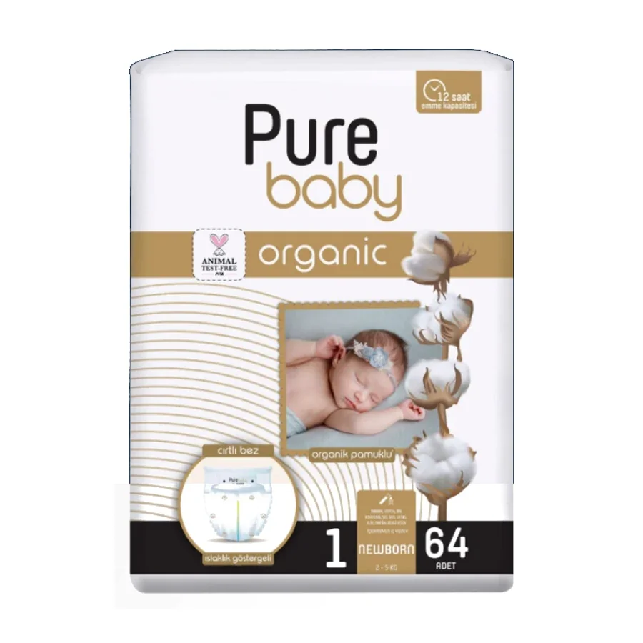 Pure Baby Organik Pamuklu Cırtlı Bez 1 Numara 64 Adet