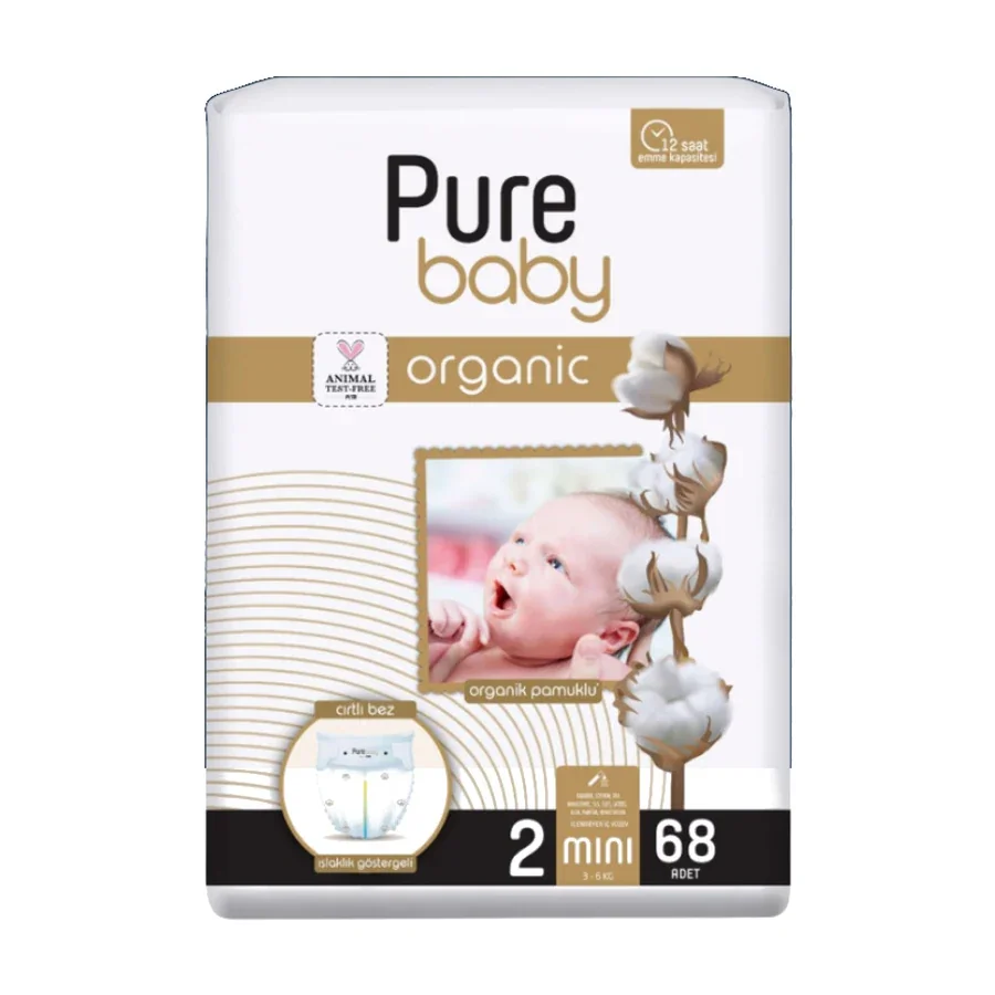 Pure Baby Organik Pamuklu Cırtlı Bez 2 Numara 68 Adet
