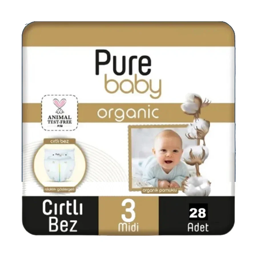 Pure Baby Organik Pamuklu Cırtlı Bez 3 Numara 28 Adet