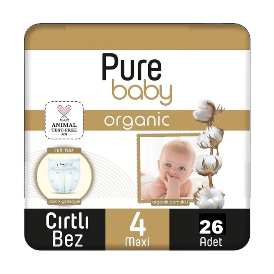 Pure Baby Organik Pamuklu Cırtlı Bez 4 Numara 26 Adet