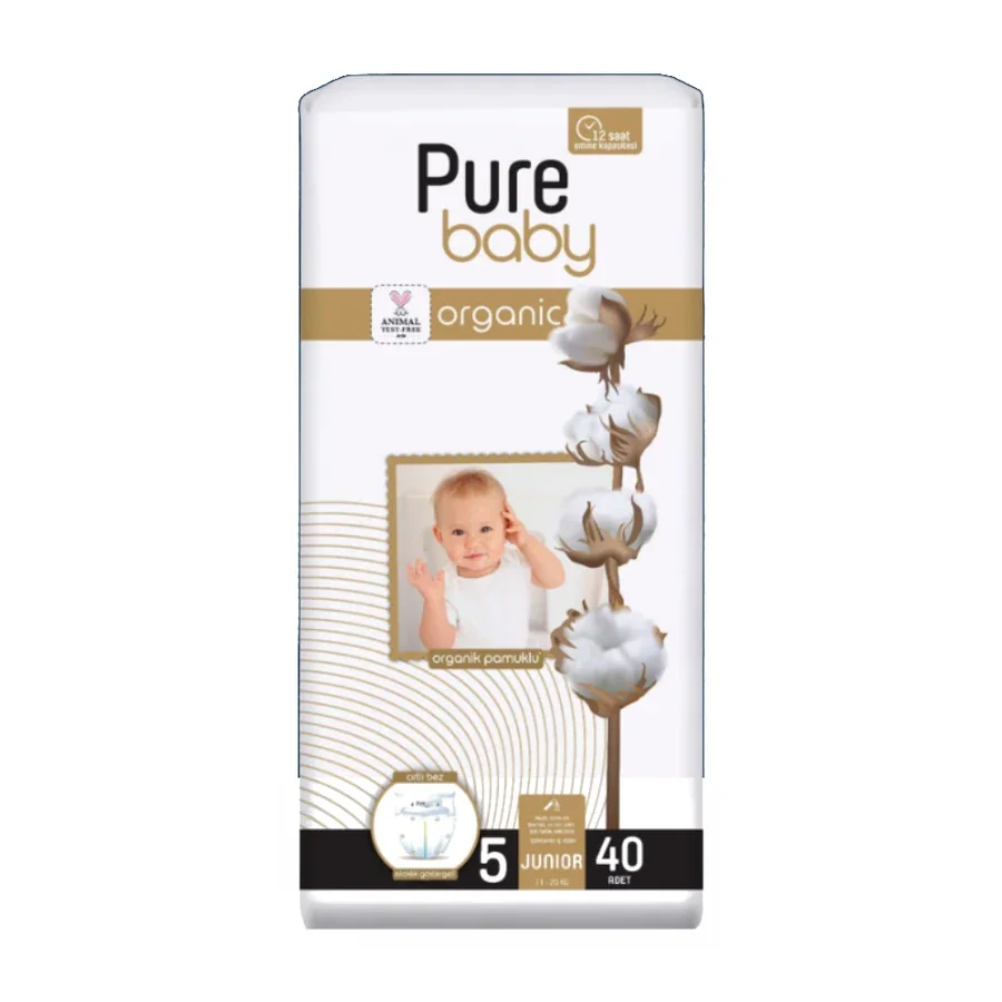 Pure Baby Organik Pamuklu Cırtlı Bez 5 Numara 40 Adet