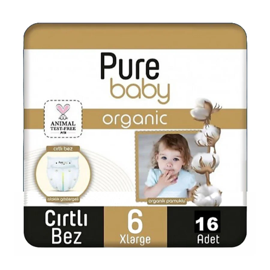 Pure Baby Organik Pamuklu Cırtlı Bez 6 Numara 16 Adet