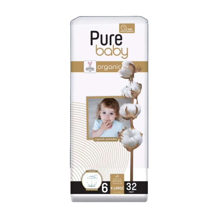 Pure Baby Organik Pamuklu Cırtlı Bez 6 Numara 32 Adet